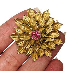 Vintage Benedikt NY gold tone Layered Floral Petals Pink Rhinestones Brooch